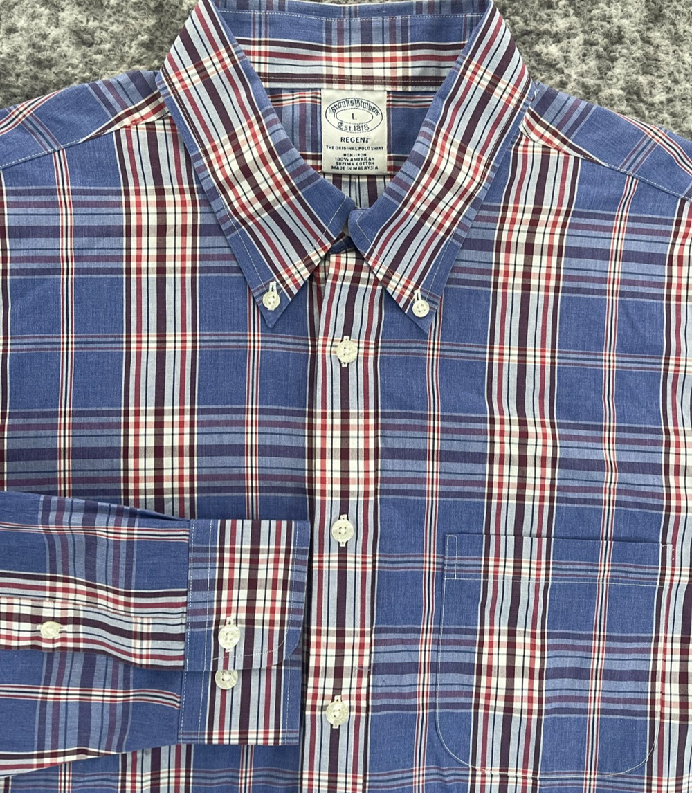 Brooks Brothers Shirt Men's Large Blue Red Plaid Long Sleeve Button Down Regent